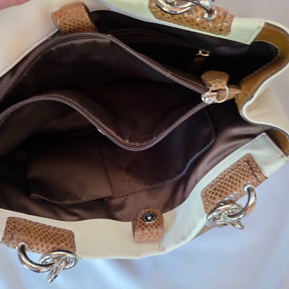 Coach Leather Purse | Cream & Brown Snake-Embossed Trim | Silver Hardware - Picture 6 of 13